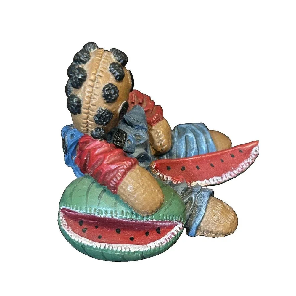 2 Primitive Gothic Voodoo Doll Resin Figurines Button Eye Teddy Watermelon Decor
